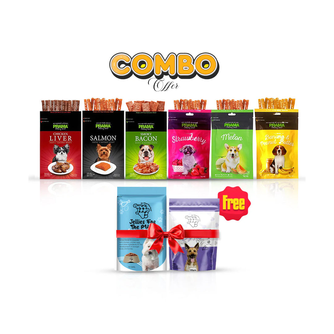 Buy Prama Treat Combo (Pack of 6) And Get 1 WooFood Indian Treat+1 Jelly Free