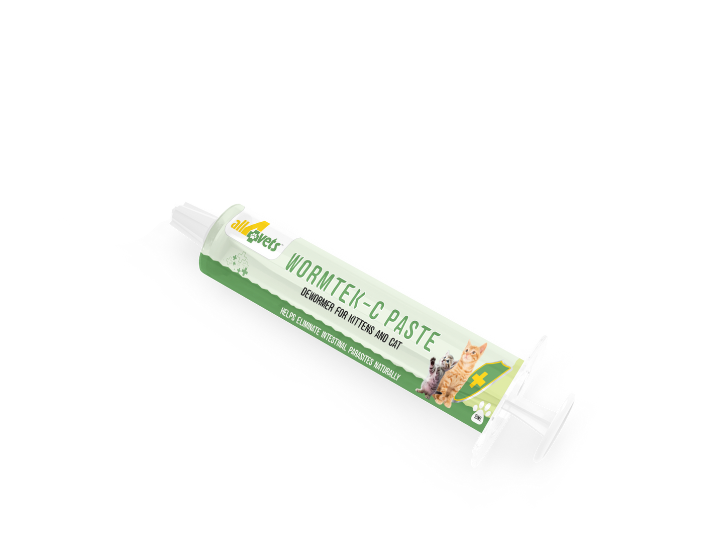 WORMTEK-C paste for kittens and cats in a 15ml syringe packaging, effective against various worms.