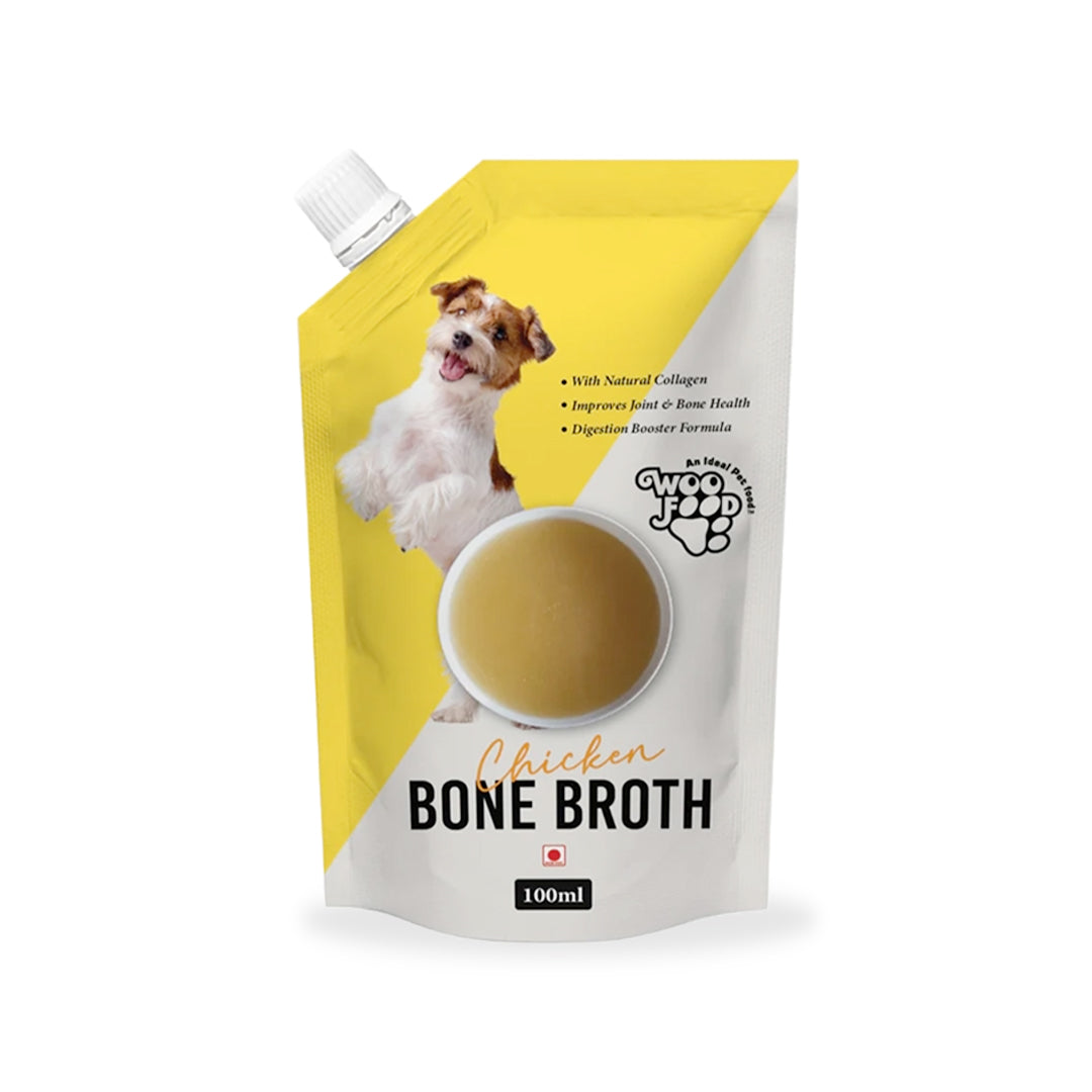 Woofood Chicken Bone Broth 100ml pouch with dog image, promoting joint health and digestion for pets.