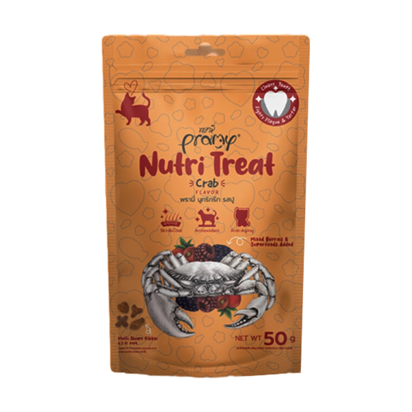 Crab flavored cat treats in multi-shape crunchy form