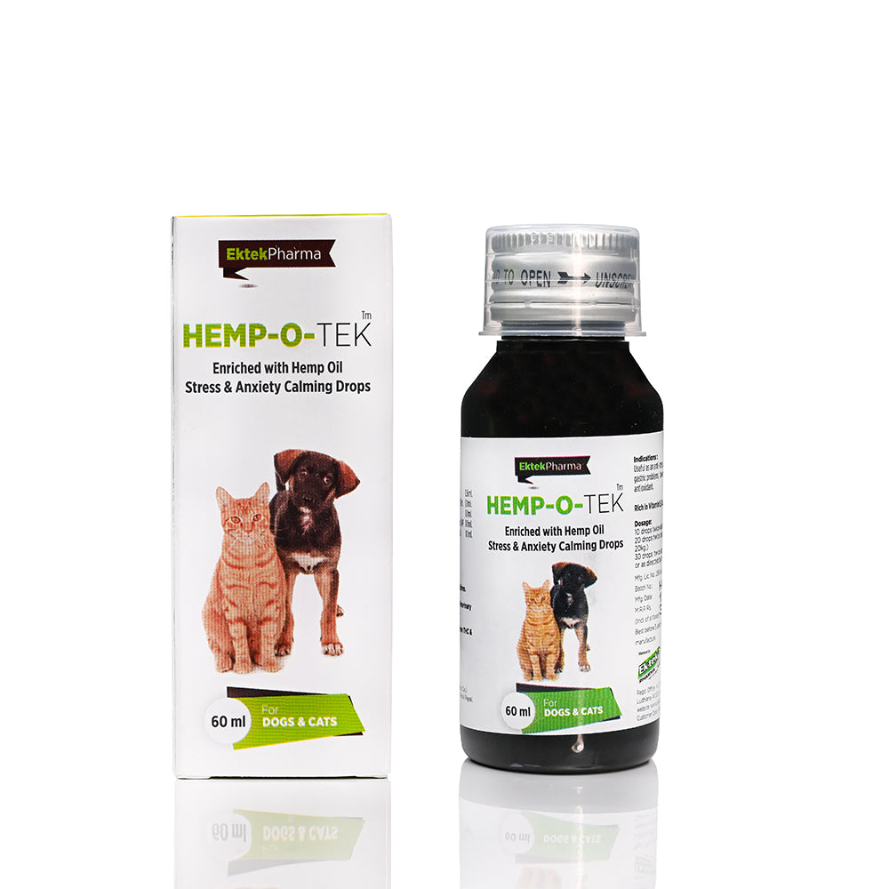 Hemp-O-Tek calming drops for dogs and cats, with hemp oil to relief stress.