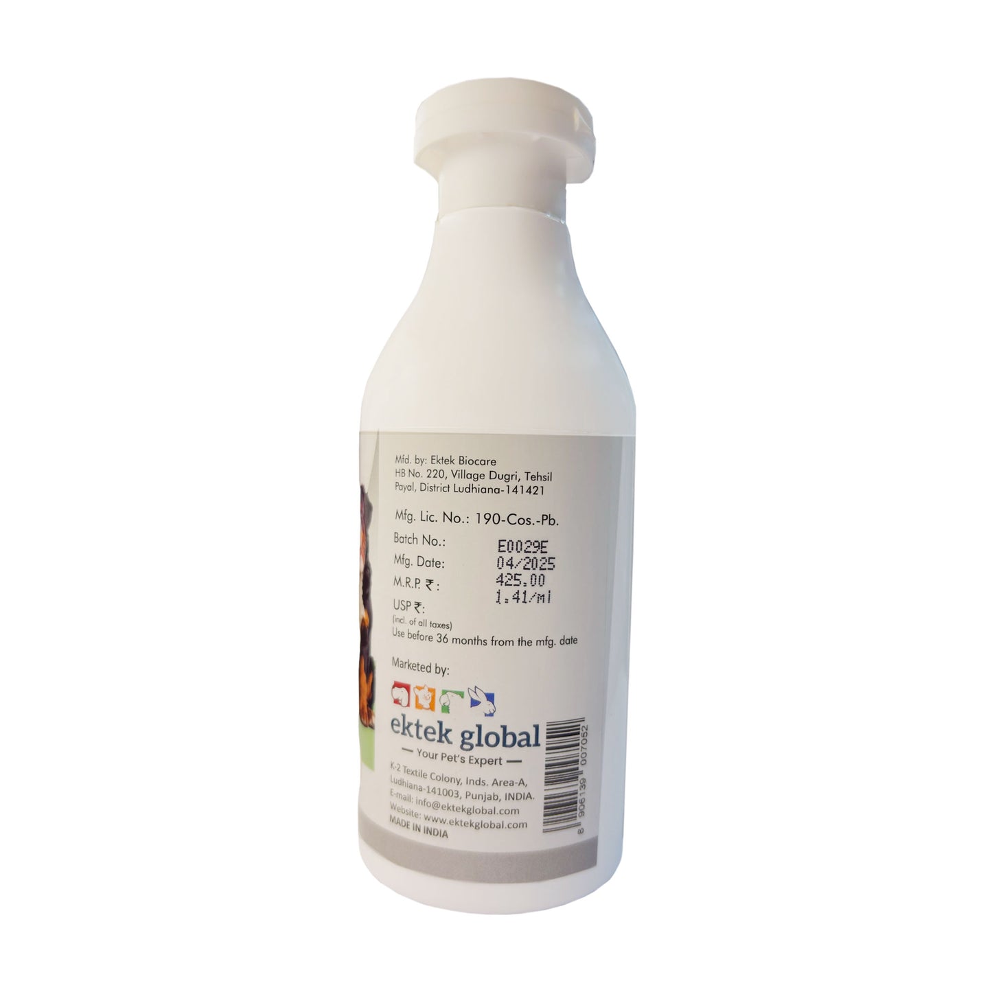 Ek-Tek Dark Coat Dog Shampoo 300ml bottle with product label showcasing ingredients and usage instructions.