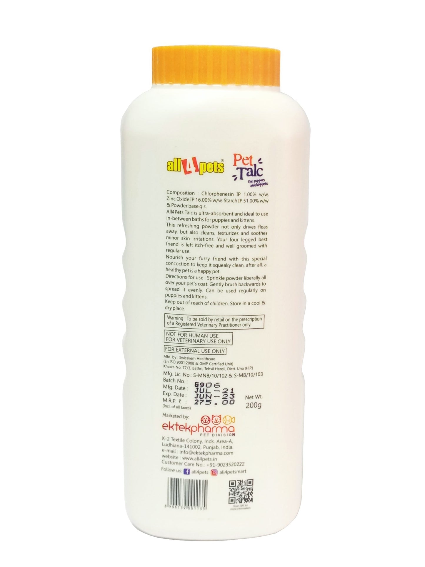 All4pets Pet Talc Grooming & Conditioning Dusting Powder For Puppies & Kittens-200g