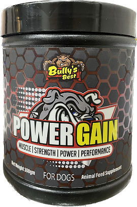 Bully's Best Power Gain supplement for dogs, promoting muscle strength and performance in athletic breeds.