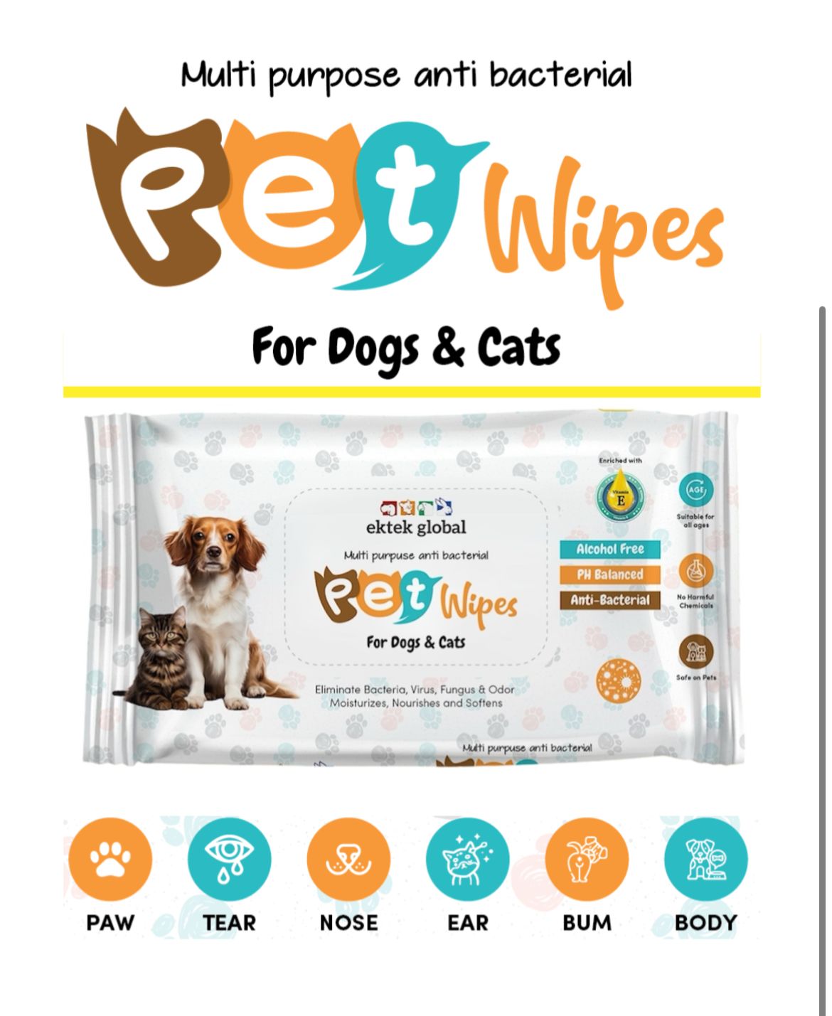 Multipurpose antibacterial pet wipes for dogs and cats, suitable for paws, ears, and body cleaning.