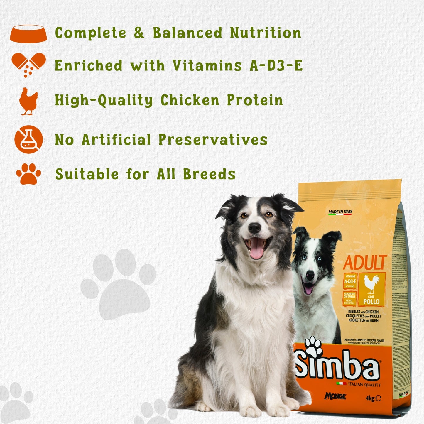 Simba Adult Dry Dog Food 10kg - Chicken Formula, Complete Balanced Nutrition, High Protein, Digestive Support, Made in Italy