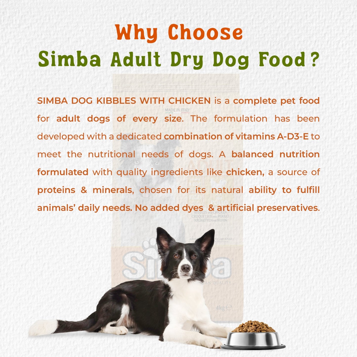 Simba Adult Dry Dog Food 10kg - Chicken Formula, Complete Balanced Nutrition, High Protein, Digestive Support, Made in Italy