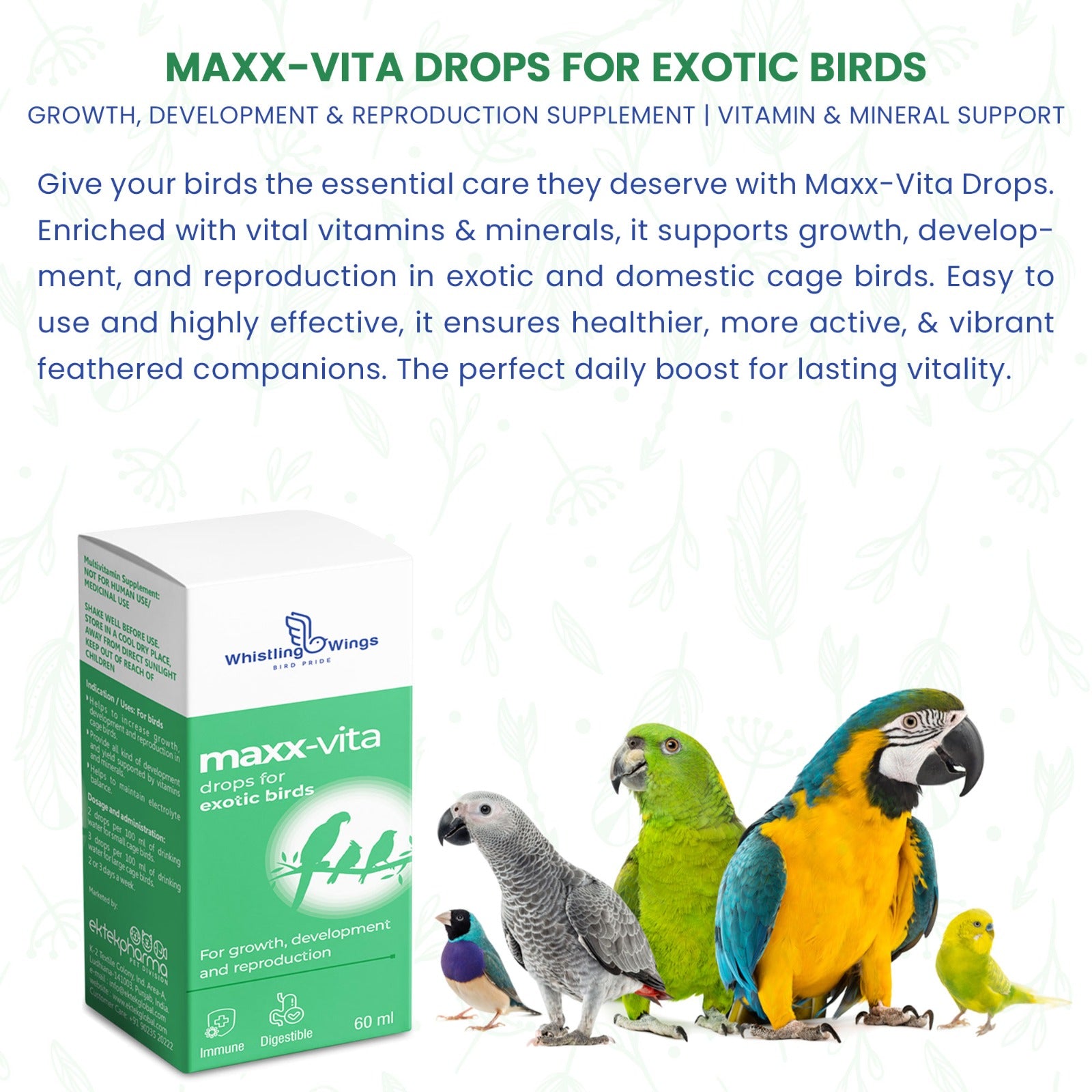 Maxx-Vita Drops for Exotic Birds 60 ML – Growth, Development & Reproduction Supplement | Ektek Global