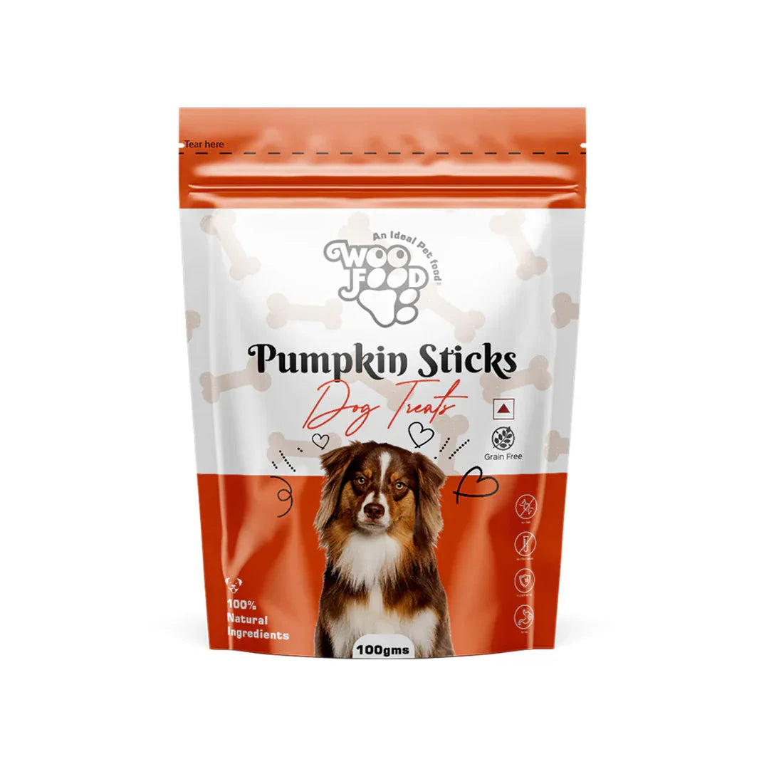 WooFood Pumpkin Sticks Dog Treats pack, 100gm, made with chicken and pumpkin for healthy dog snacks.