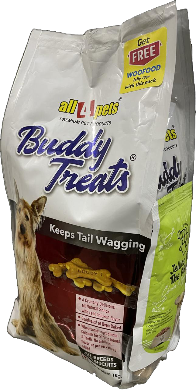 GET BUDDY TREAT (NON-VEG) DOG BISCUITS 1KG &amp; GET WOOFOOD 100 GM DOG JELLY FREE