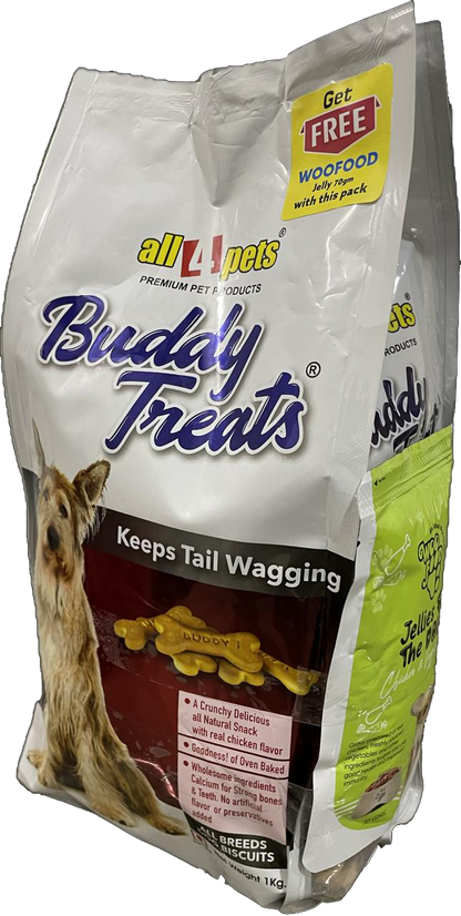 GET BUDDY TREAT (NON-VEG) DOG BISCUITS 1KG &amp; GET WOOFOOD 100 GM DOG JELLY FREE