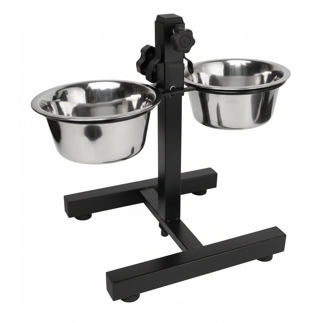 Adjustable height dog bowl stand with dual stainless steel bowls