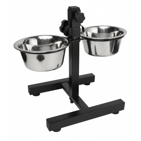 Adjustable height dog bowl stand with dual stainless steel bowls