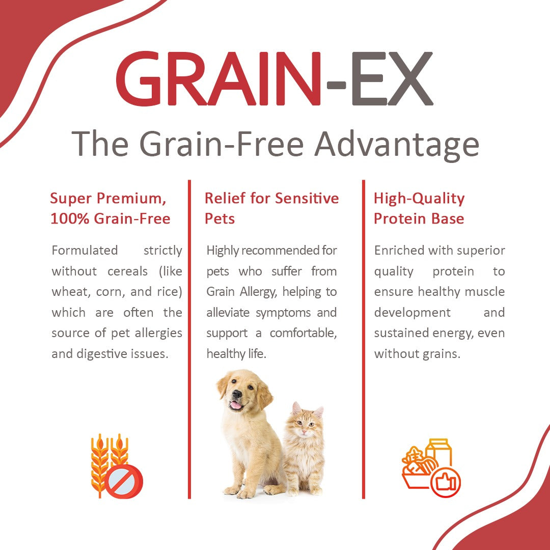 Advantages of Grain-EX Powder for dogs and cats including joint support, immunity boost, and improved digestion