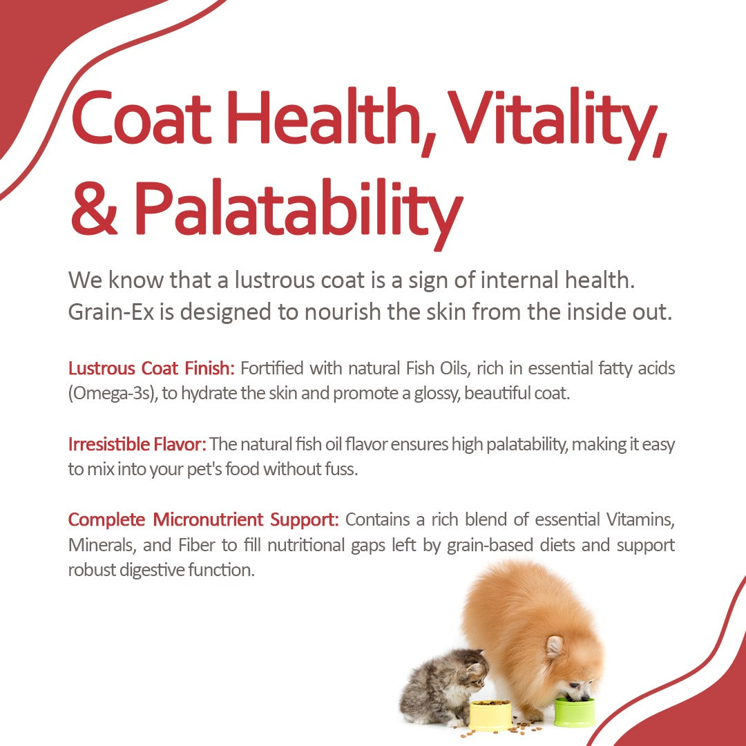 Advertisement for Grain-Ex pet food supplement highlighting coat health, vitality, and palatability with text and images of a dog and cat.
