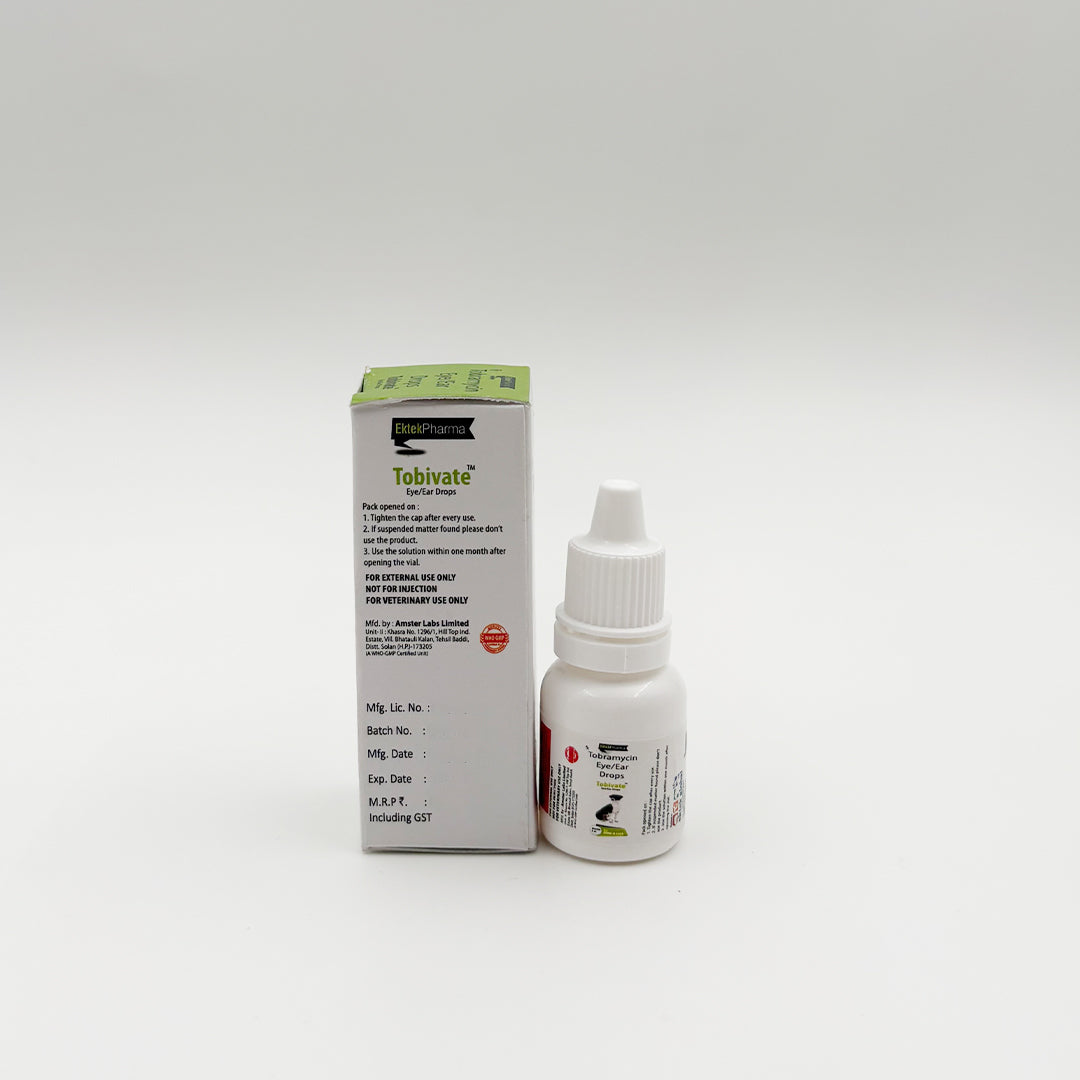 Back view Tobivate eye ear drops showing composition and directions