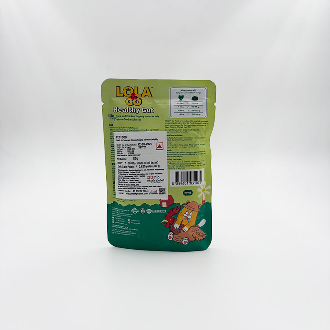 Back view of Lola & Co Healthy Gut jelly cat food with ingredients & feeding guide