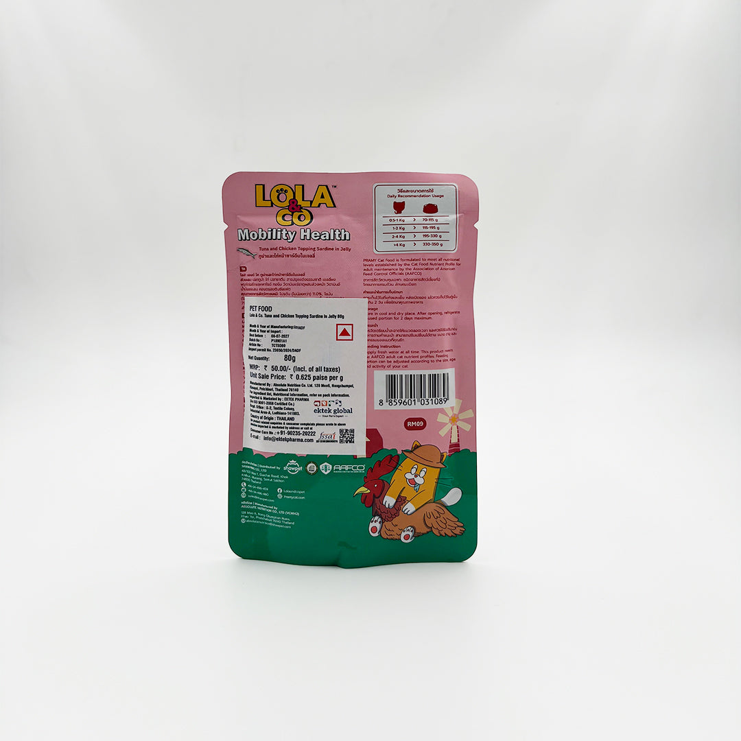 Back view of Lola & Co Mobility Health jelly cat food with ingredients and feeding info