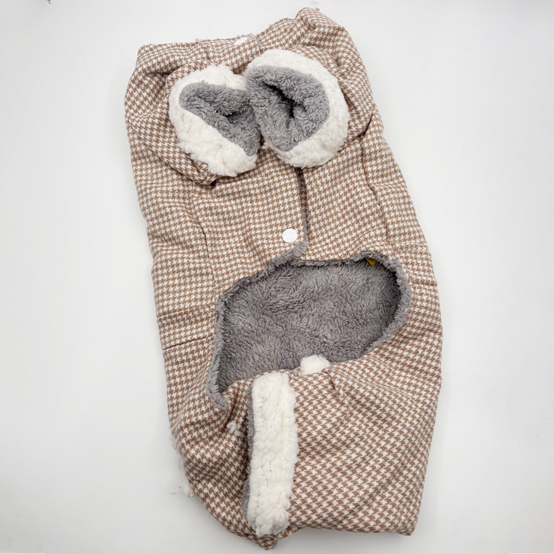 Back view of dog winter jacket with bunny hood design