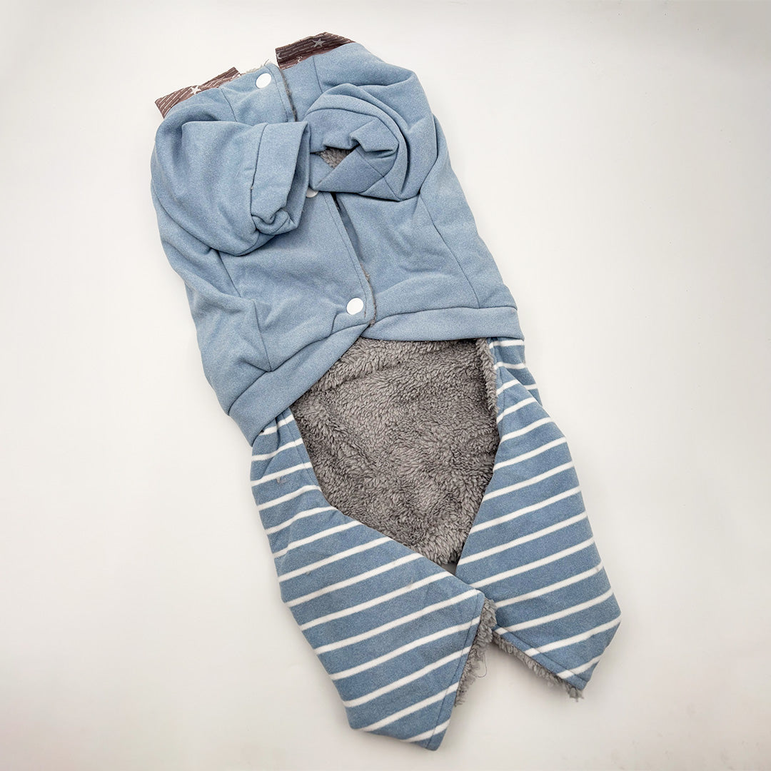 Back view of full-body winter dog clothing with bow design