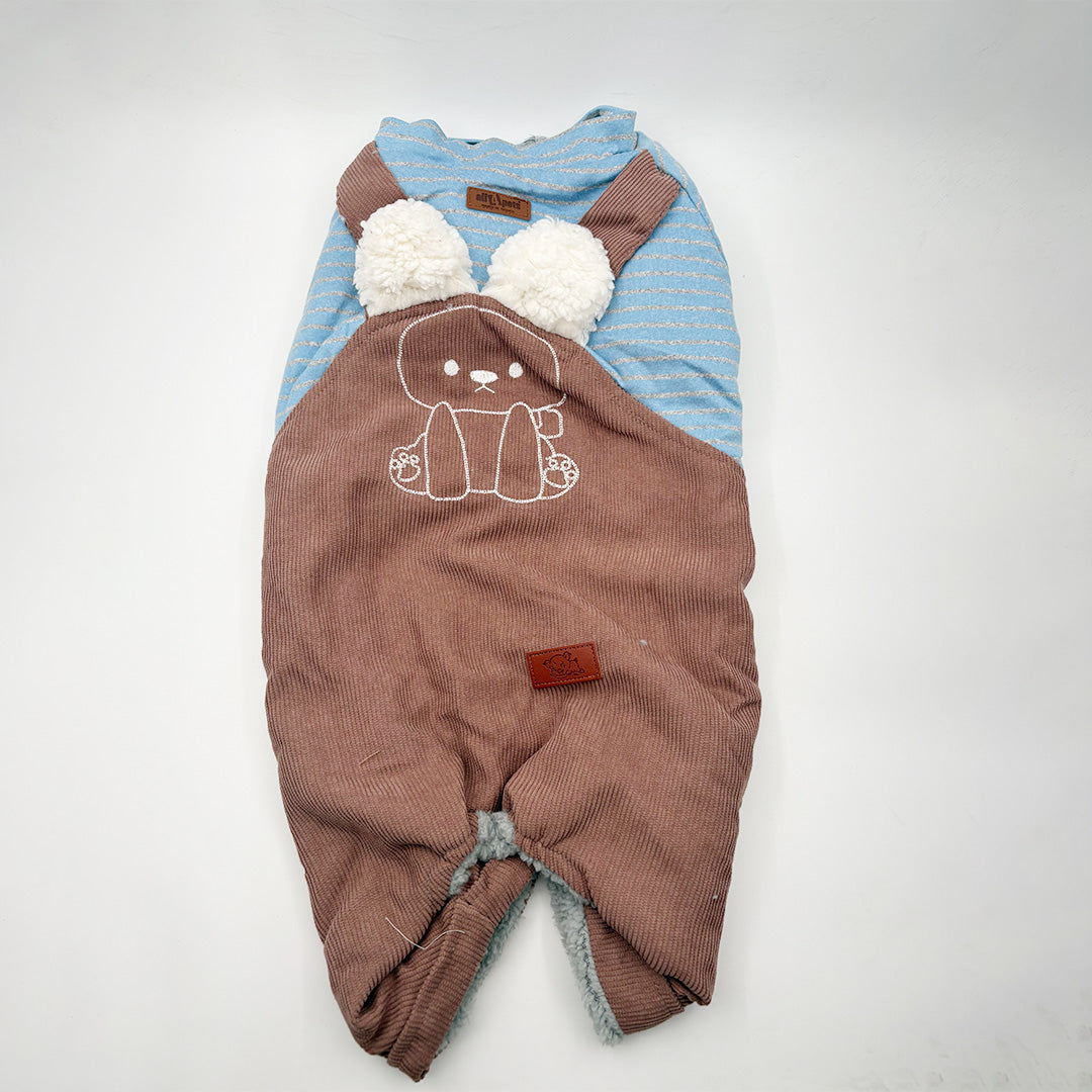 Brown and blue dog dungaree outfit for winter