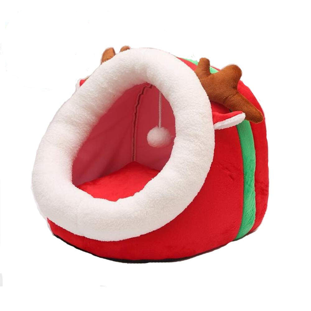 Christmas reindeer pet bed with plush cave design for small dogs and cats