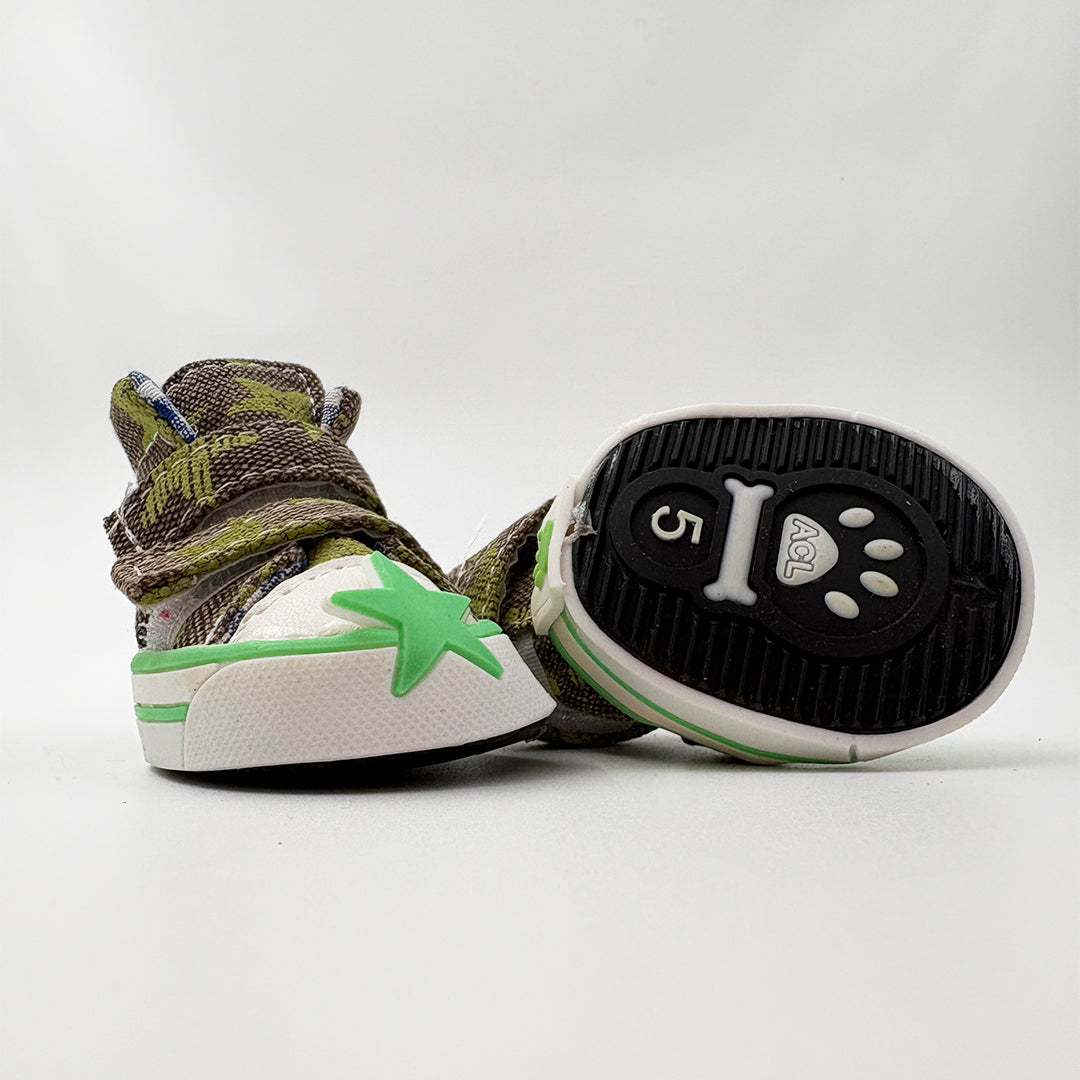 Close-up of non-slip rubber sole and cotton canvas texture of dog shoes