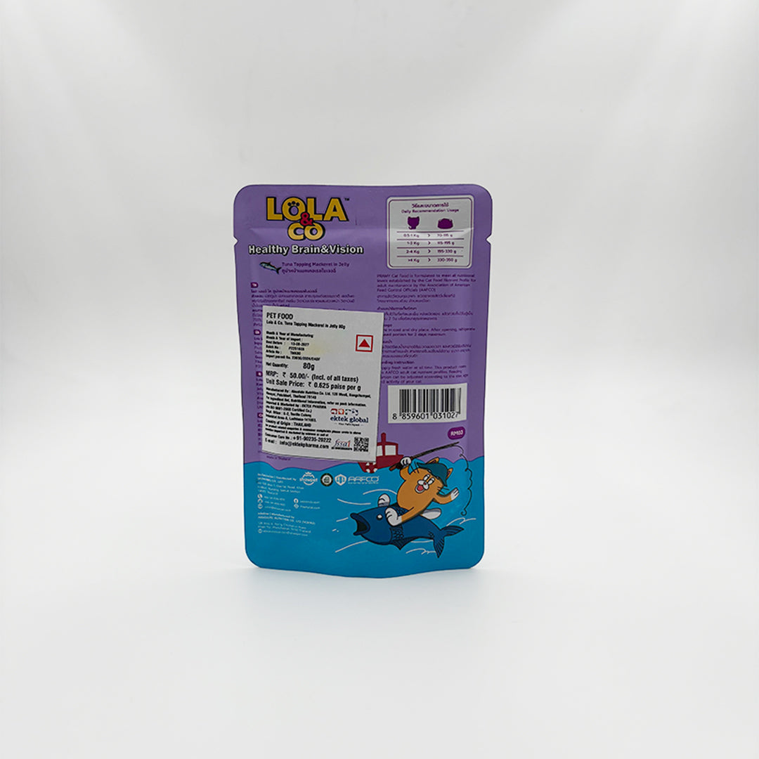 Details of Lola & Co Healthy Brain & Vision Jelly Cat Food pouch – Tuna Topping Mackerel in Jelly (80g)