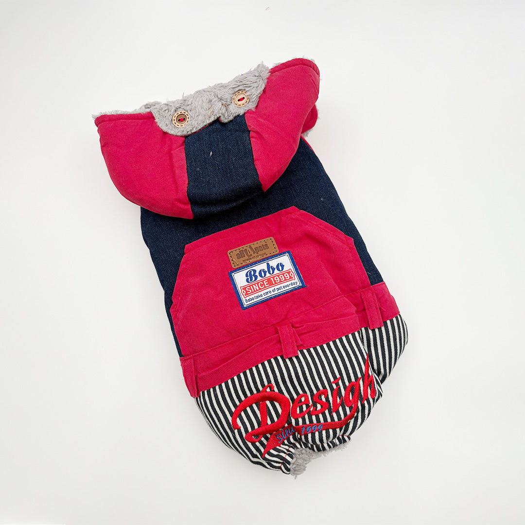 Dog denim winter hoodie jacket with fur hood – front view