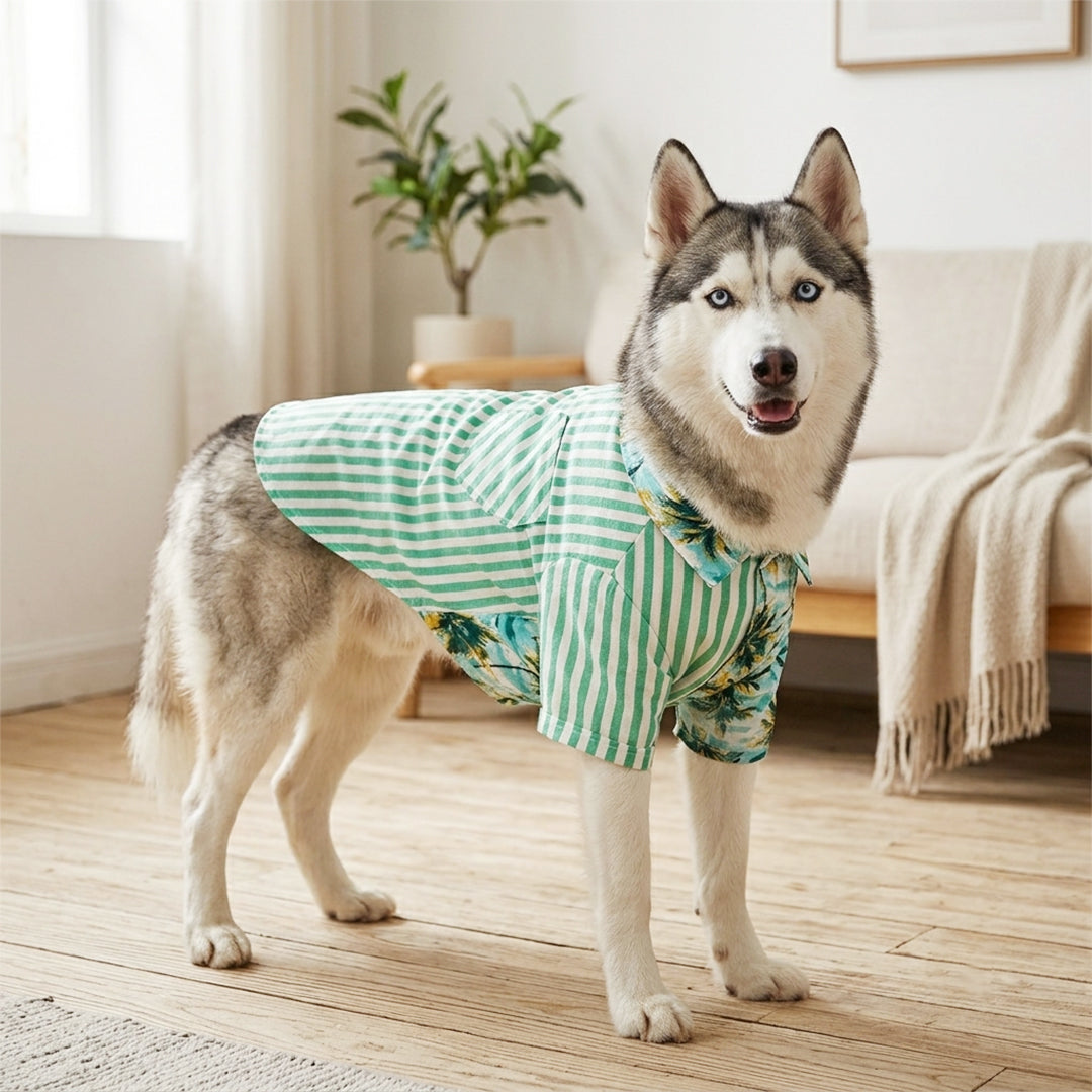 Tropical Palm Print Dog Shirt | Green Stripe Pet Shirt with Collar