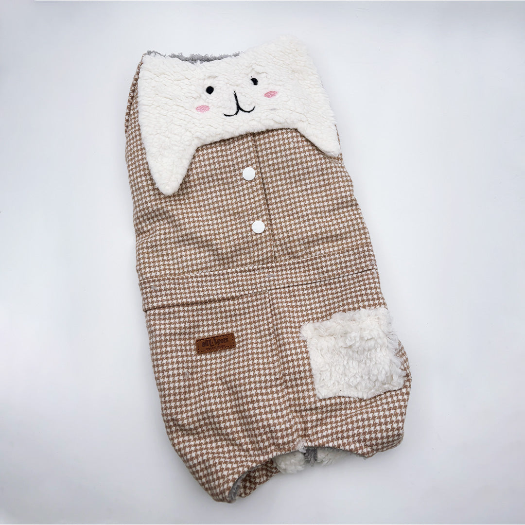 Front view of bunny winter jacket for dogs with button closure