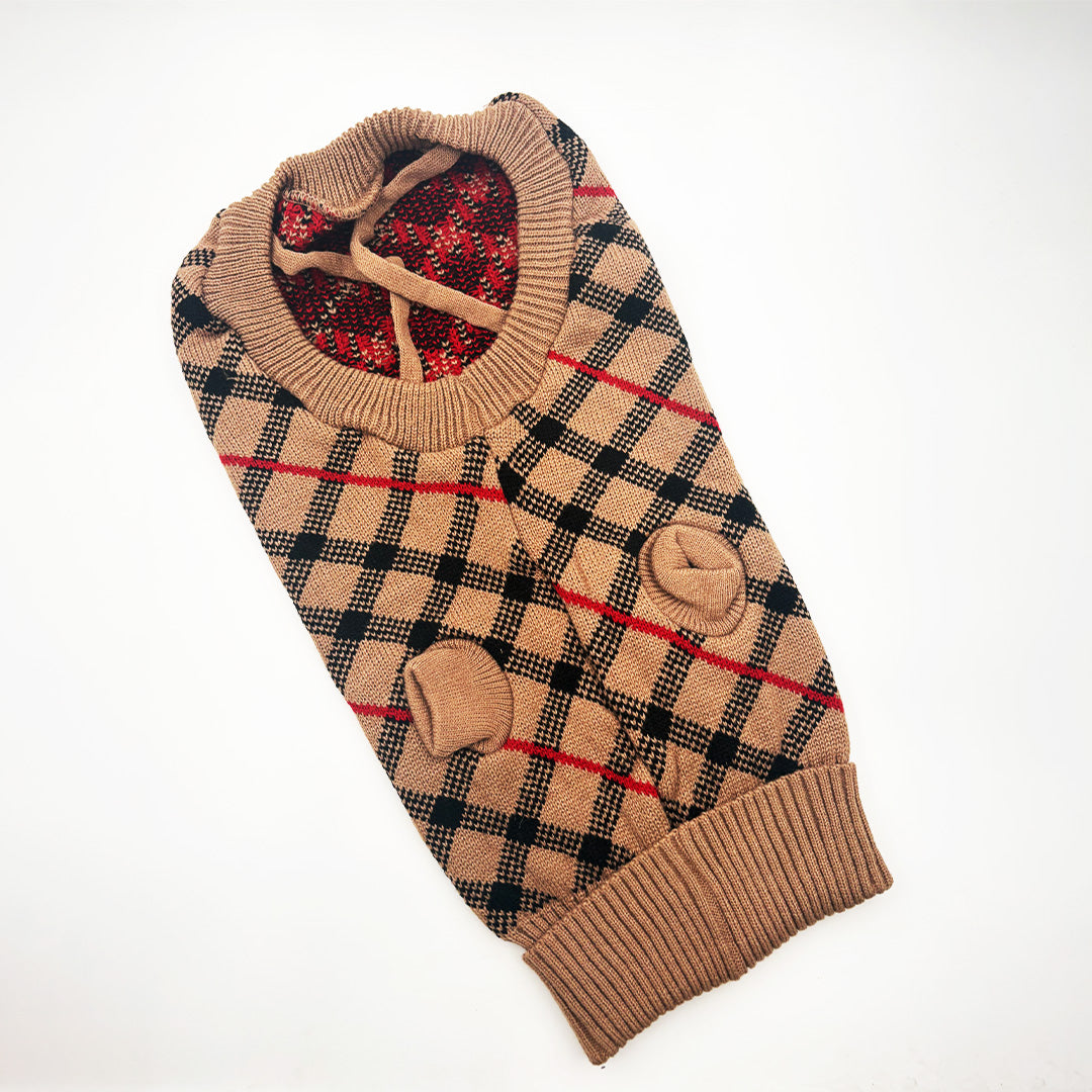 Front view of checkered wool dog sweater in brown and black pattern