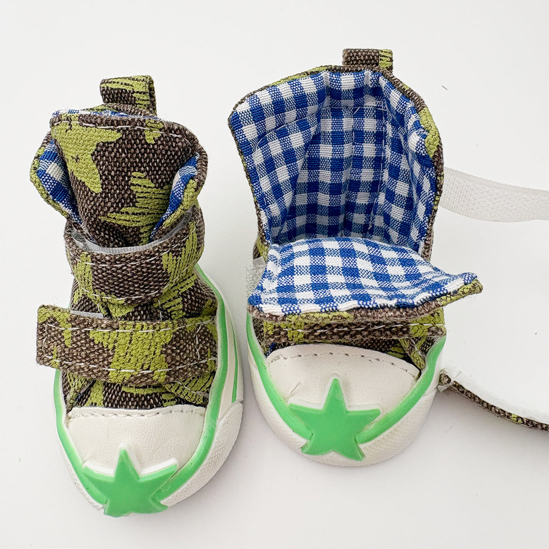 Green star dog boots with double Velcro straps and anti-slip rubber sole