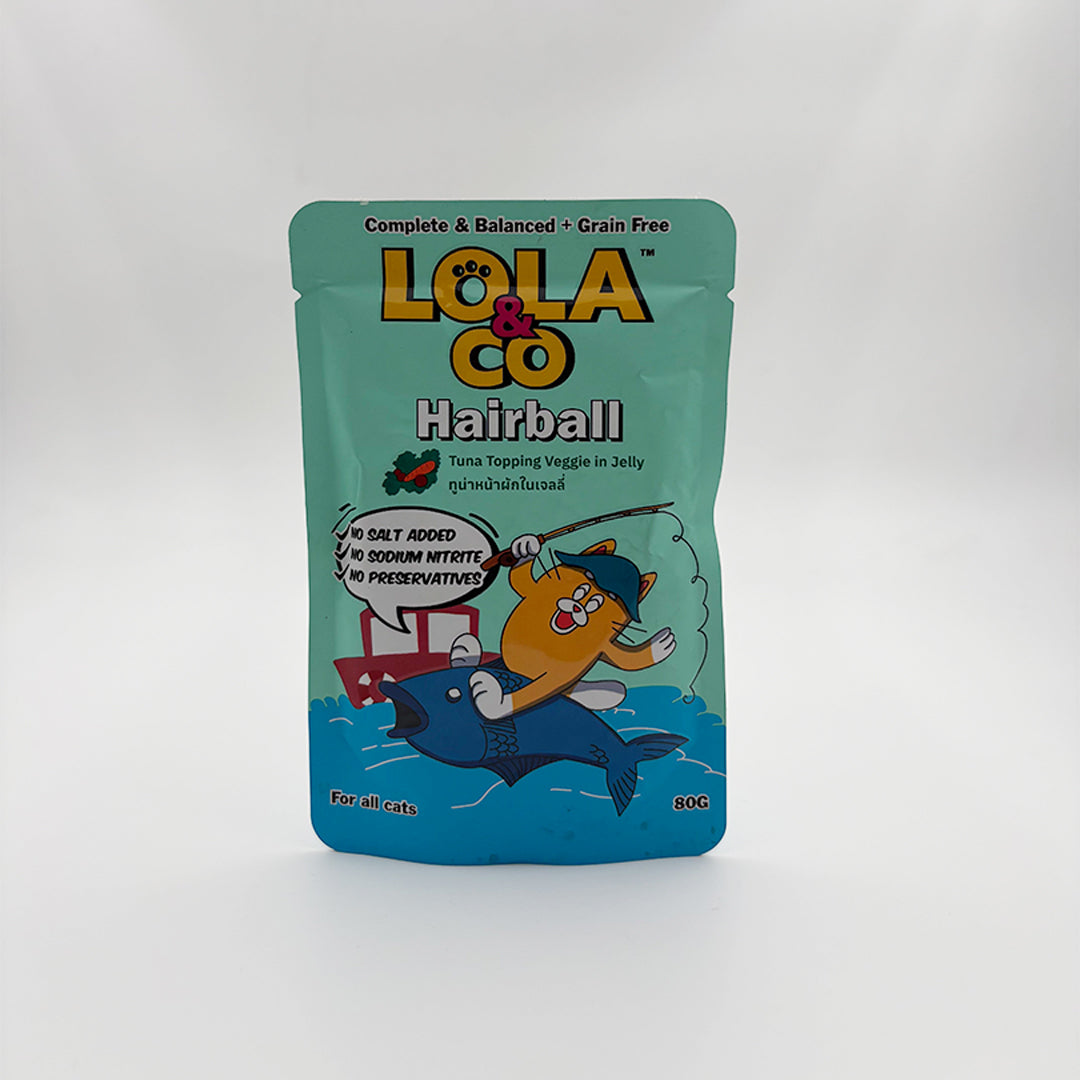 Cat food pouch labeled 'LOLA & CO Hairball' on a white background