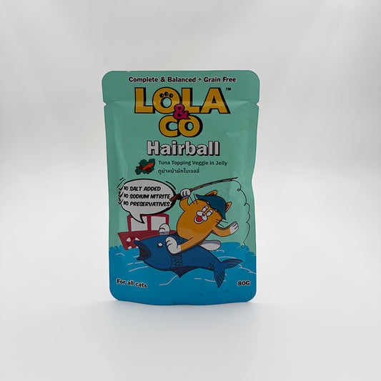 Cat food pouch labeled 'LOLA & CO Hairball' on a white background