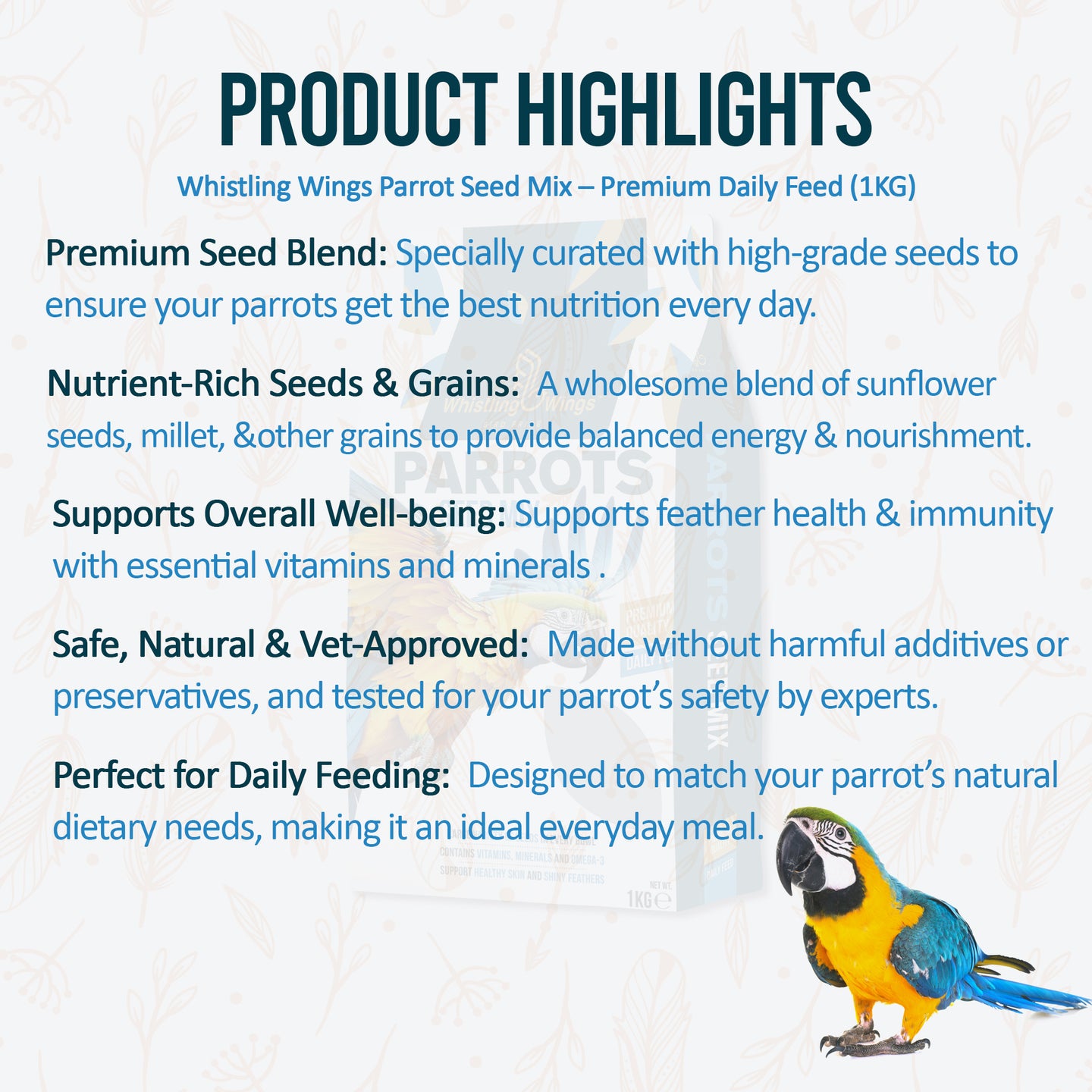 Whistling Wings Parrot Seed Mix highlights