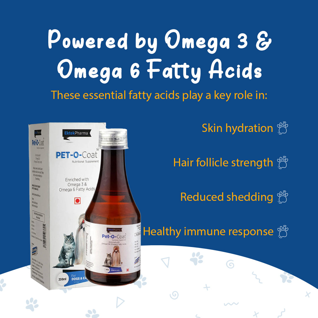 Pet-O-Coat syrup bottle for daily skin and coat nutritional support in pets