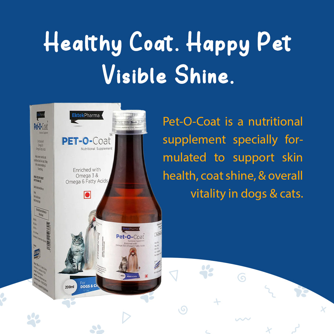 Pet-O-Coat syrup for pets experiencing dull coat and excessive shedding