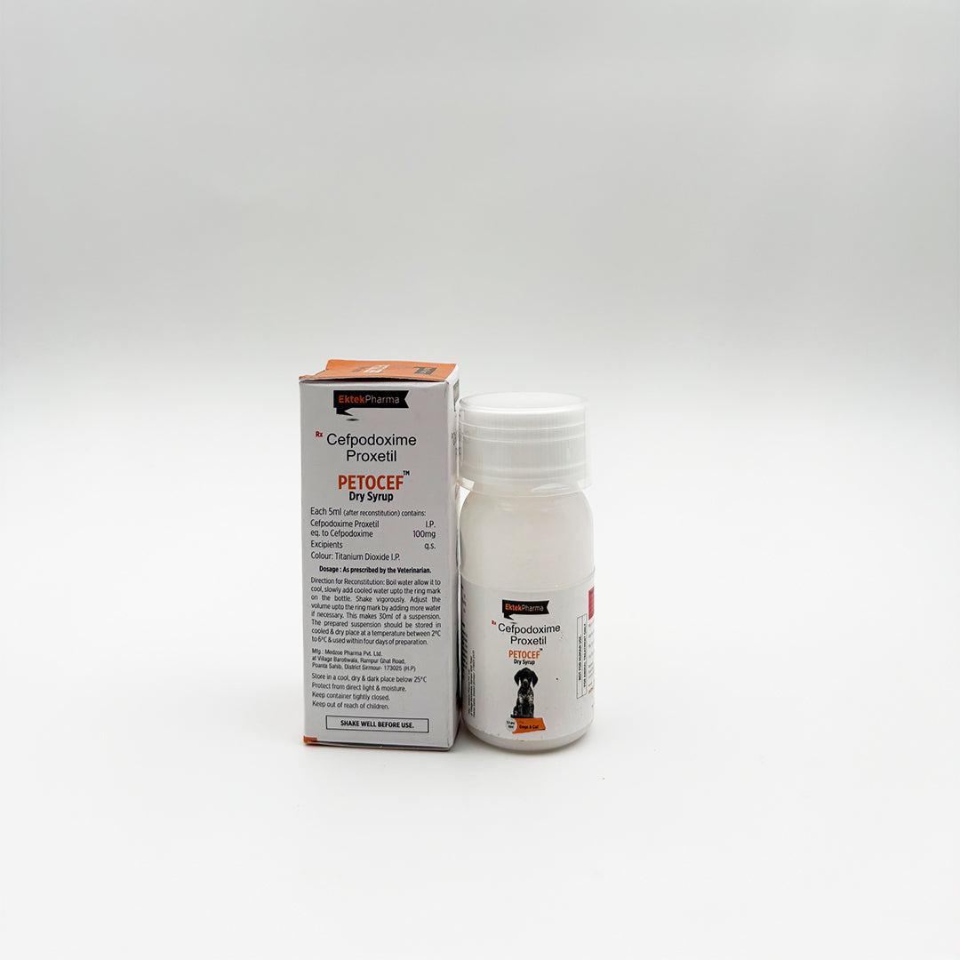 Petocef syrup label showing dosage and composition details