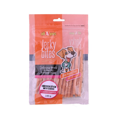 ALL4PETS JERKY BITES-CHICKEN STICK WITH SESAME 100GM