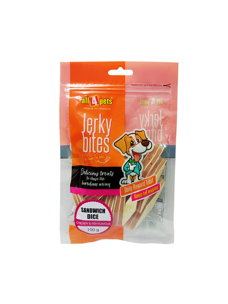 All4pets Jerky Bites – Sandwich Dice (Chicken &amp; Fish Flavour) – 100g