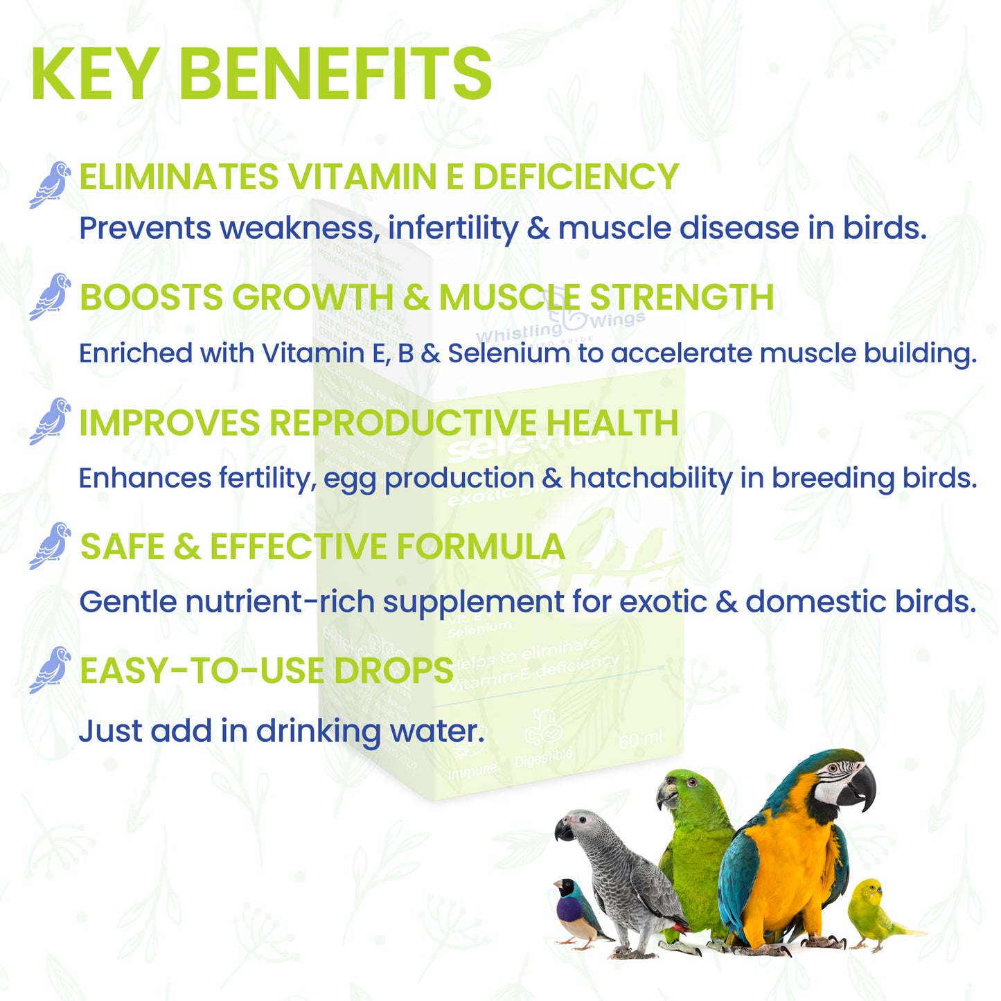 key benefits of Selevita Drops for Exotic Birds 60ml
