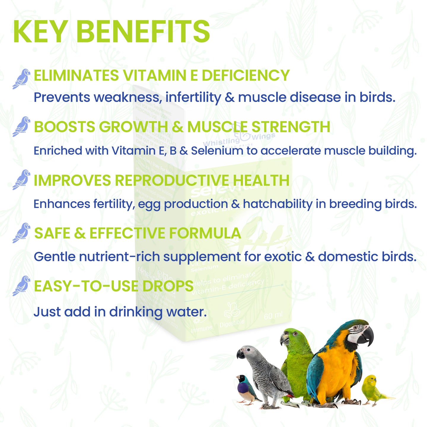 key benefits of Selevita Drops for Exotic Birds 60ml