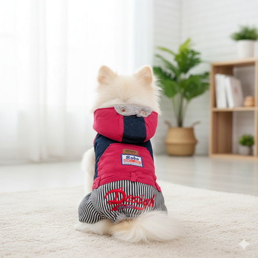 Small dog wearing a red and navy puffer vest on a light carpeted floor.