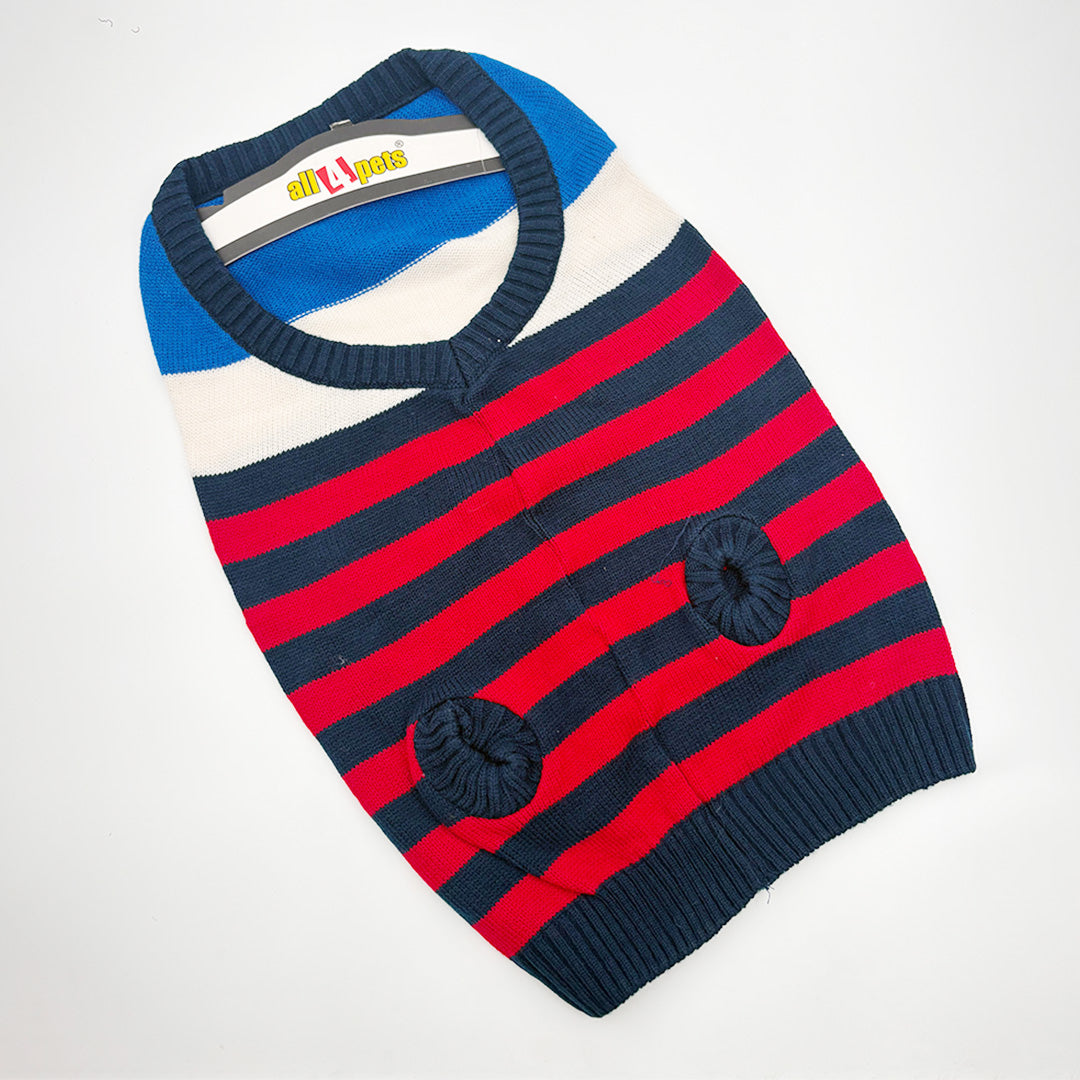 Striped sleeveless dog sweater in red, blue and white knit fabric