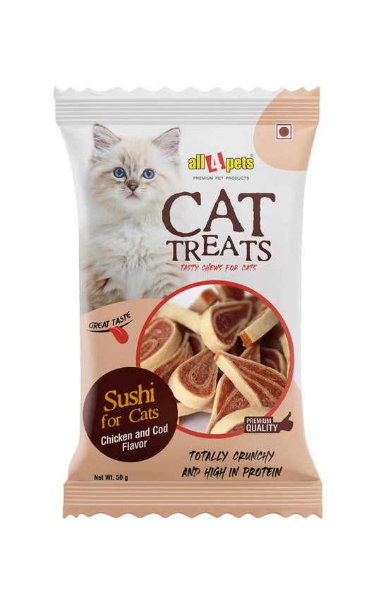 All4pets Cat Treat Sushi – Chicken &amp; Cod Flavour 50 Gm (Pack of 2)