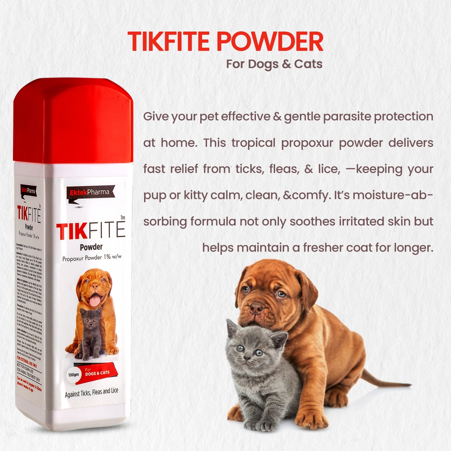 Tikfite powder packaging for dogs and cats with text on a white background