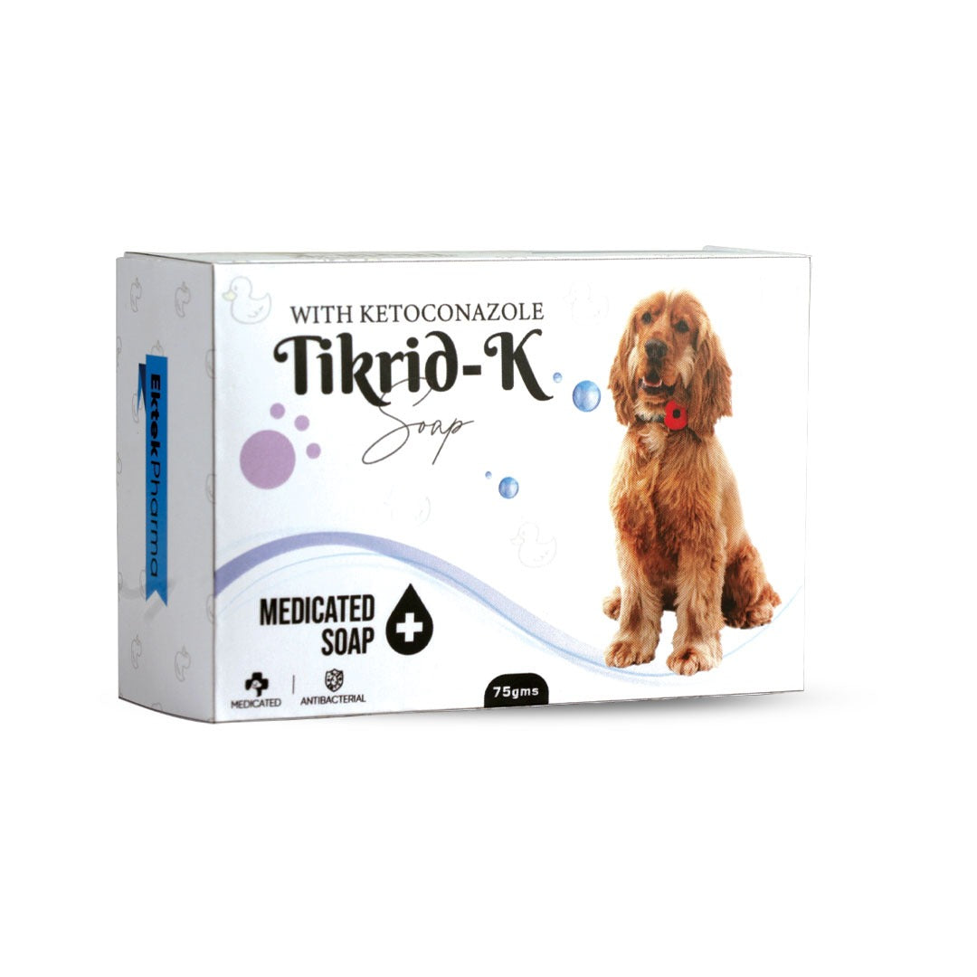 Box of Tikrid-K medicated soap for dogs with a dog illustration on a white background