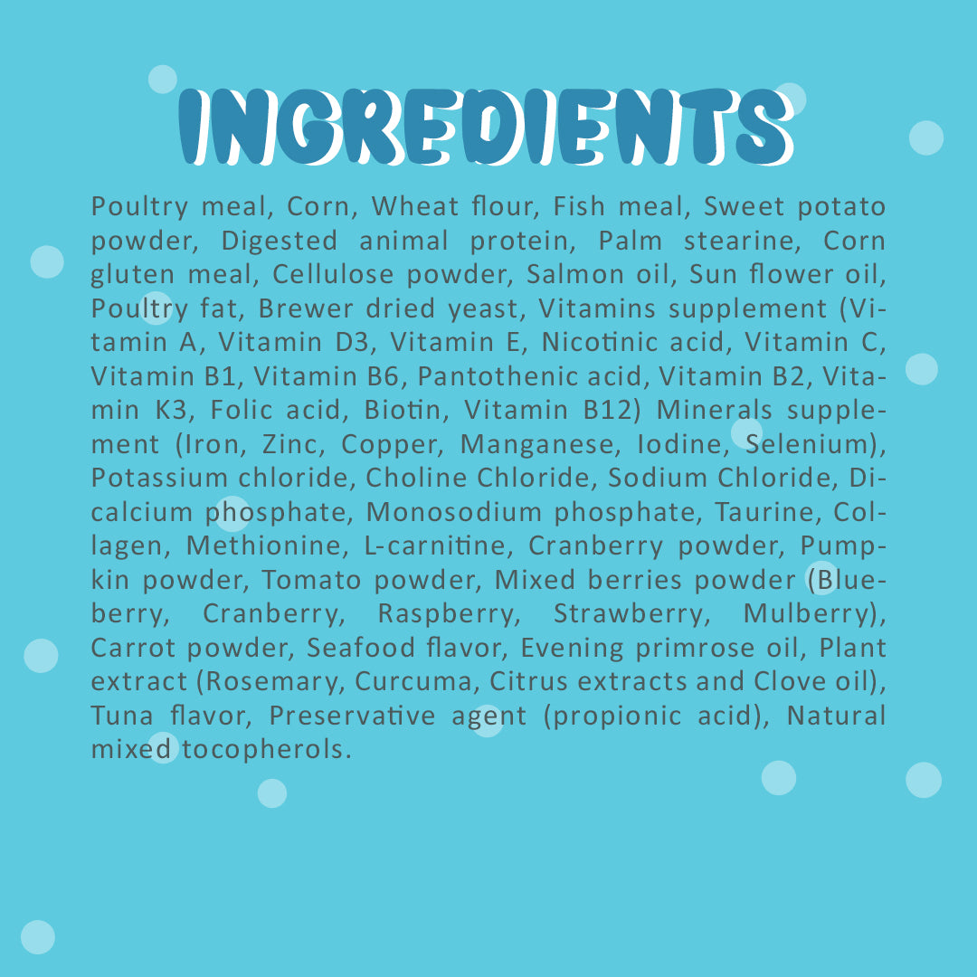 Tuna flavored cat treat and nutritional components