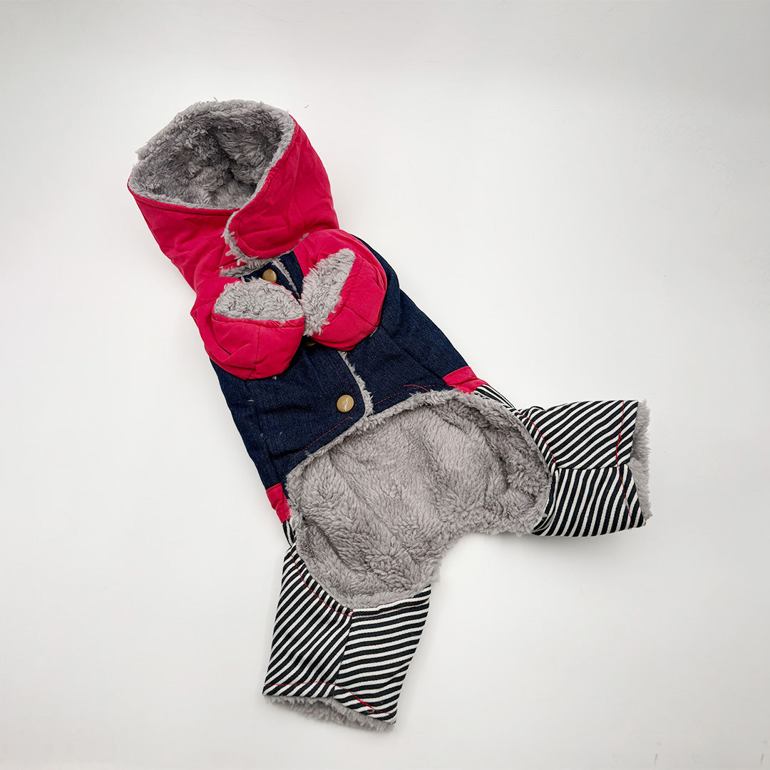 Warm fleece-lined denim dog jacket for winter – back view